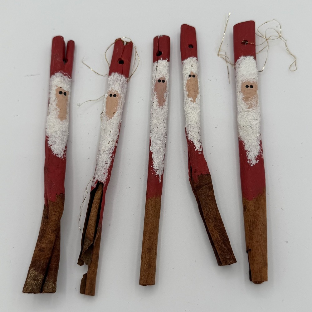 VTG Handmade Santa Claus Cinnamon Stick Ornament Set of 5 Rustic Christmas Decor